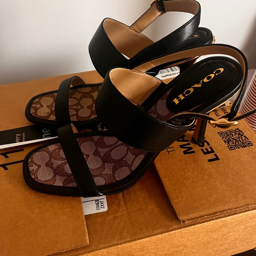 Coach Black Rori Heels with Leather Straps and Monogram Design *Brand New*